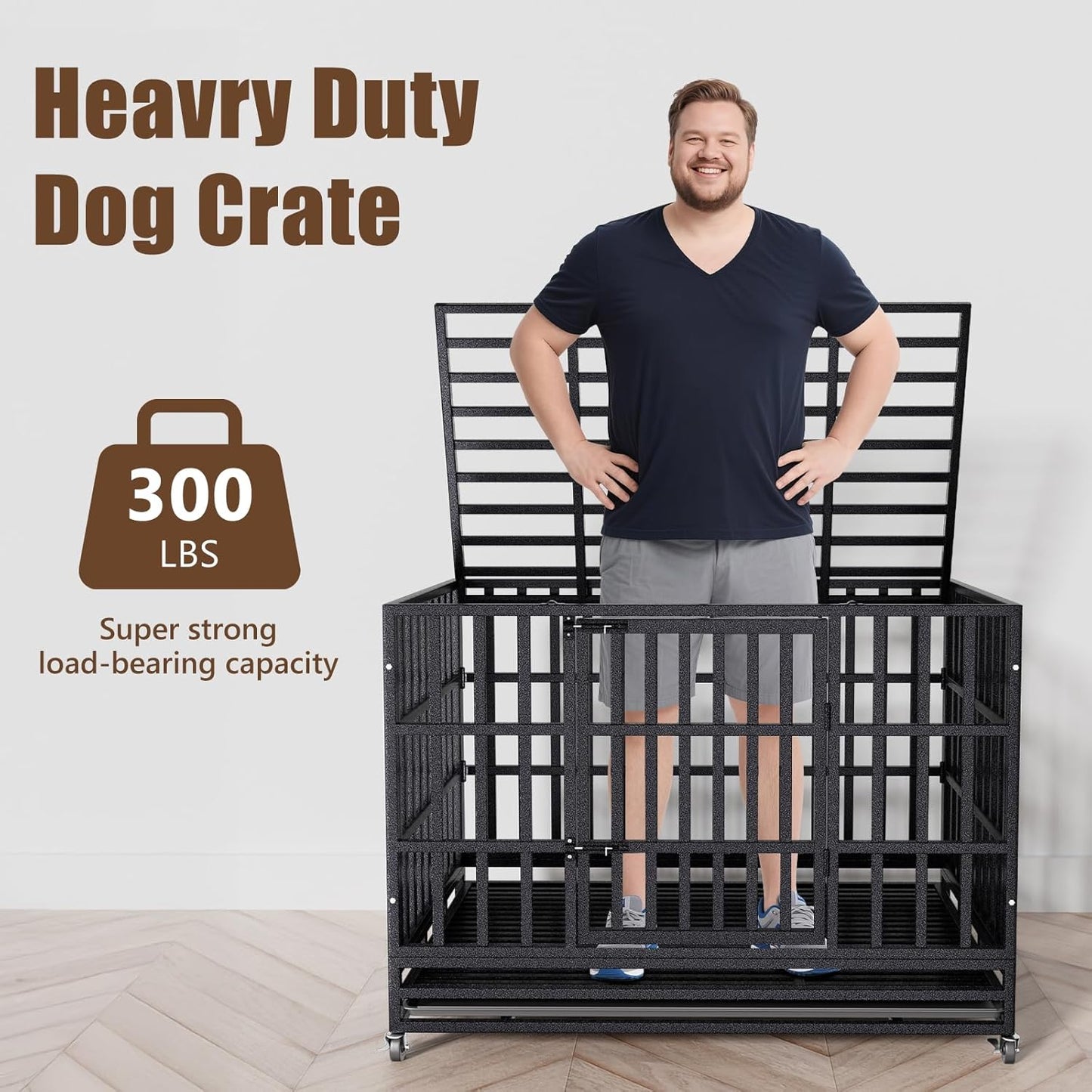 38 Inch Heavy Duty Dog Crate for Large Dogs,Upgraded Escape-Proof Kennel with Chew-Resistant Metal & Reinforced Base, Double Door Cage with Wheels & Removable Tray, Holds Up to 200lbs