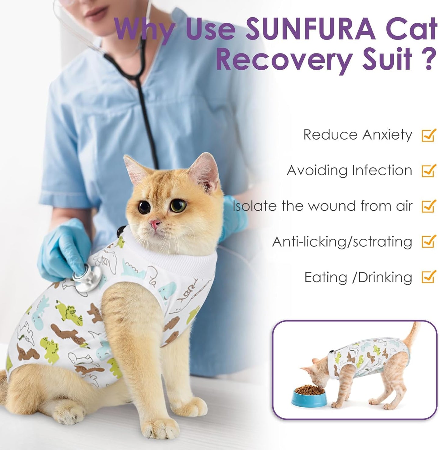 SUNFURA Cat Recovery Suit, Kitten Surgical Full Bodysuit for Abdominal Wound Protector Anti Licking After Surgery, Professional Bandages Cone E-Collar Alternative for Small Male & Female Pets