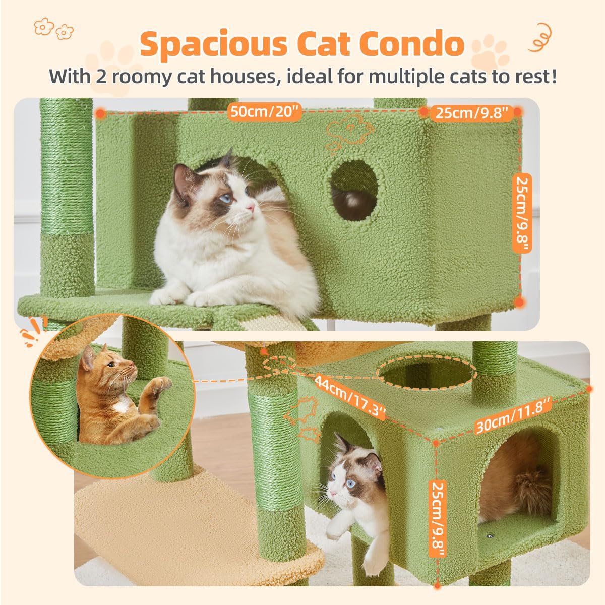 Taoqimiao Cactus Cat Tree, 71-Inch Cat Tower for Indoor Cats Large Adult, Multi-Level Large Cat Condo, 8 Sisal Scratching Posts, Metal Frame Cozy Hammock, Scratch Board, 2 Top Perches, MSC026L