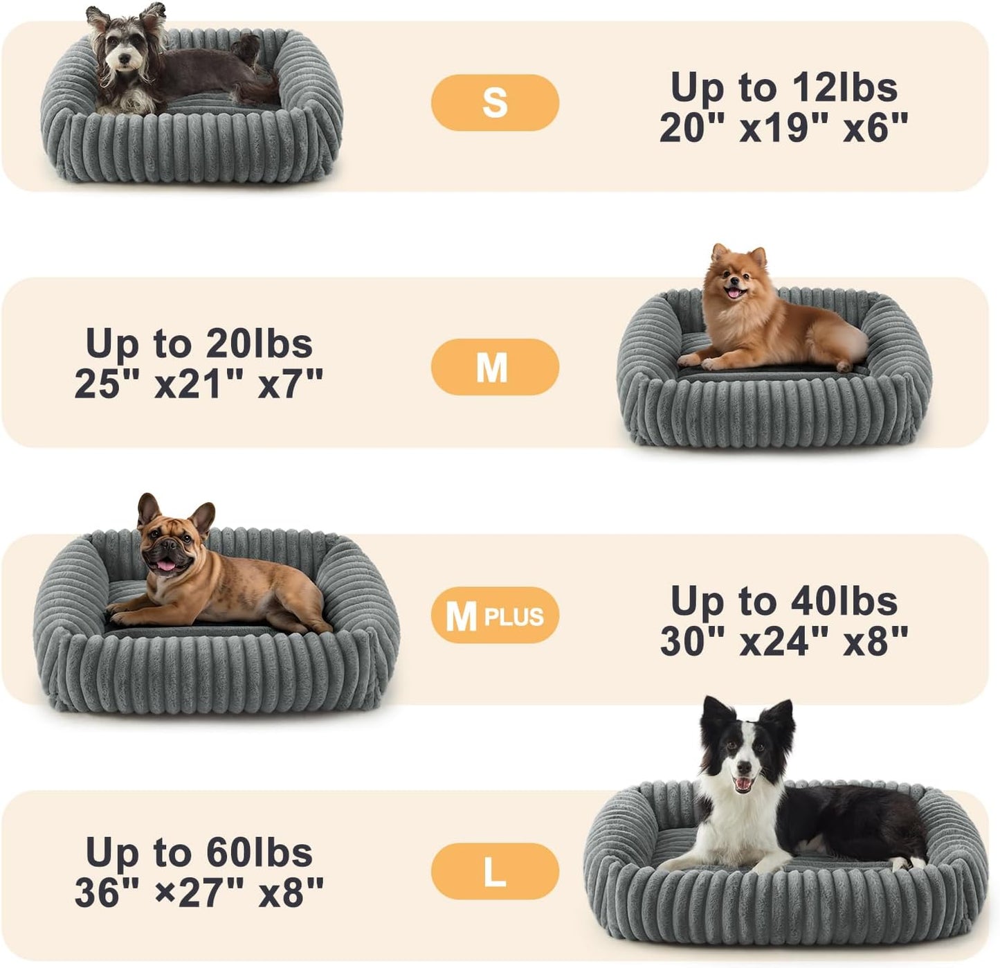 Dog Beds Medium Sized Dog, Washable Orthopedic Pet Bed with Removable Cover, Rectangle Soft Calming Sleeping Puppy Bed Durable Pet Cuddler with Anti-Slip Bottom, 30"x24"x8" Grey