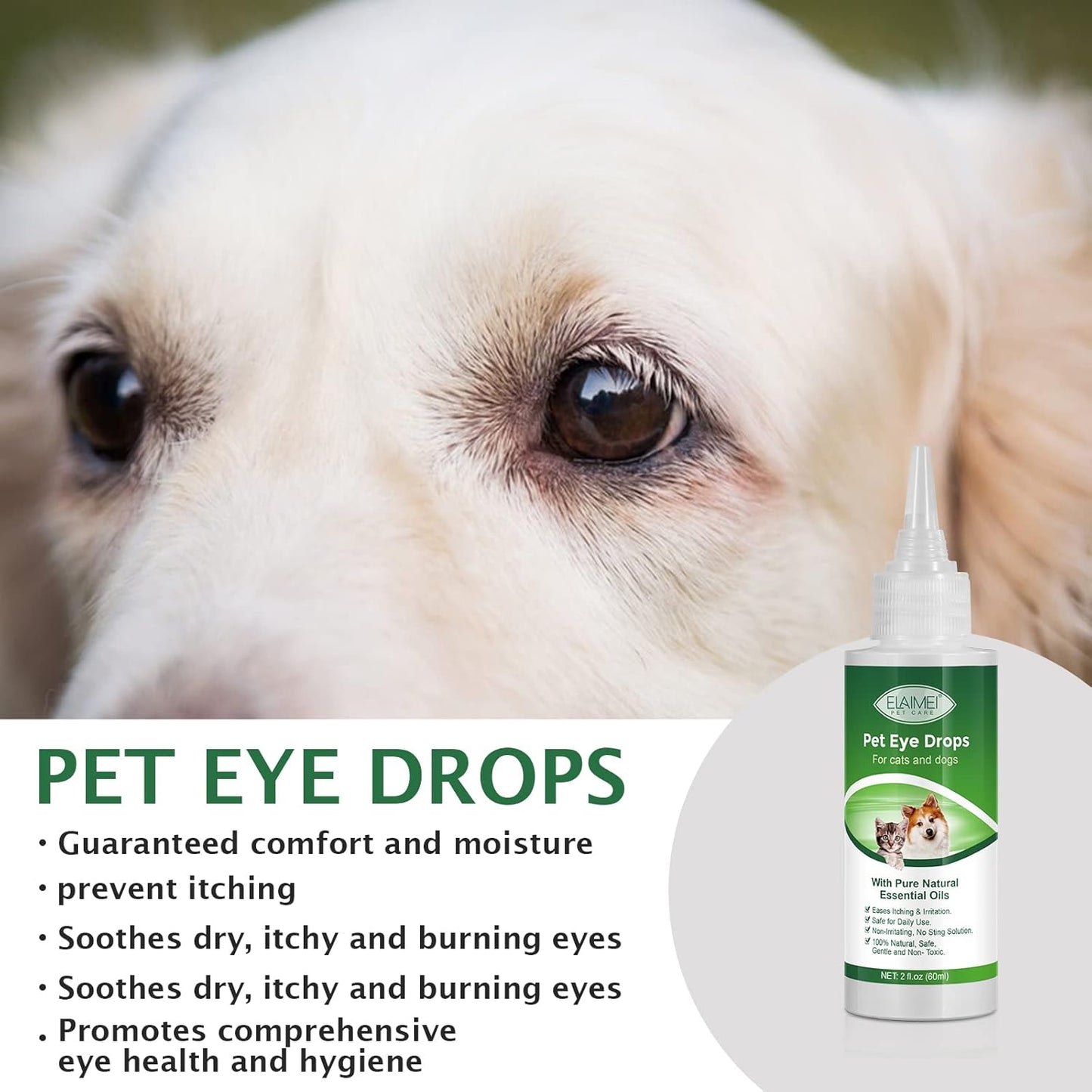 Dog Eye Drops, Eye Drops for Dogs and Cats, Dog Eye Infection Treatment to Soothe Infection Allergy, Relieve Dry Eyes Pink Eyes, Pet Tear Stain Cleaner, Dog and Cat Eye Wash, 2.02 fl.oz