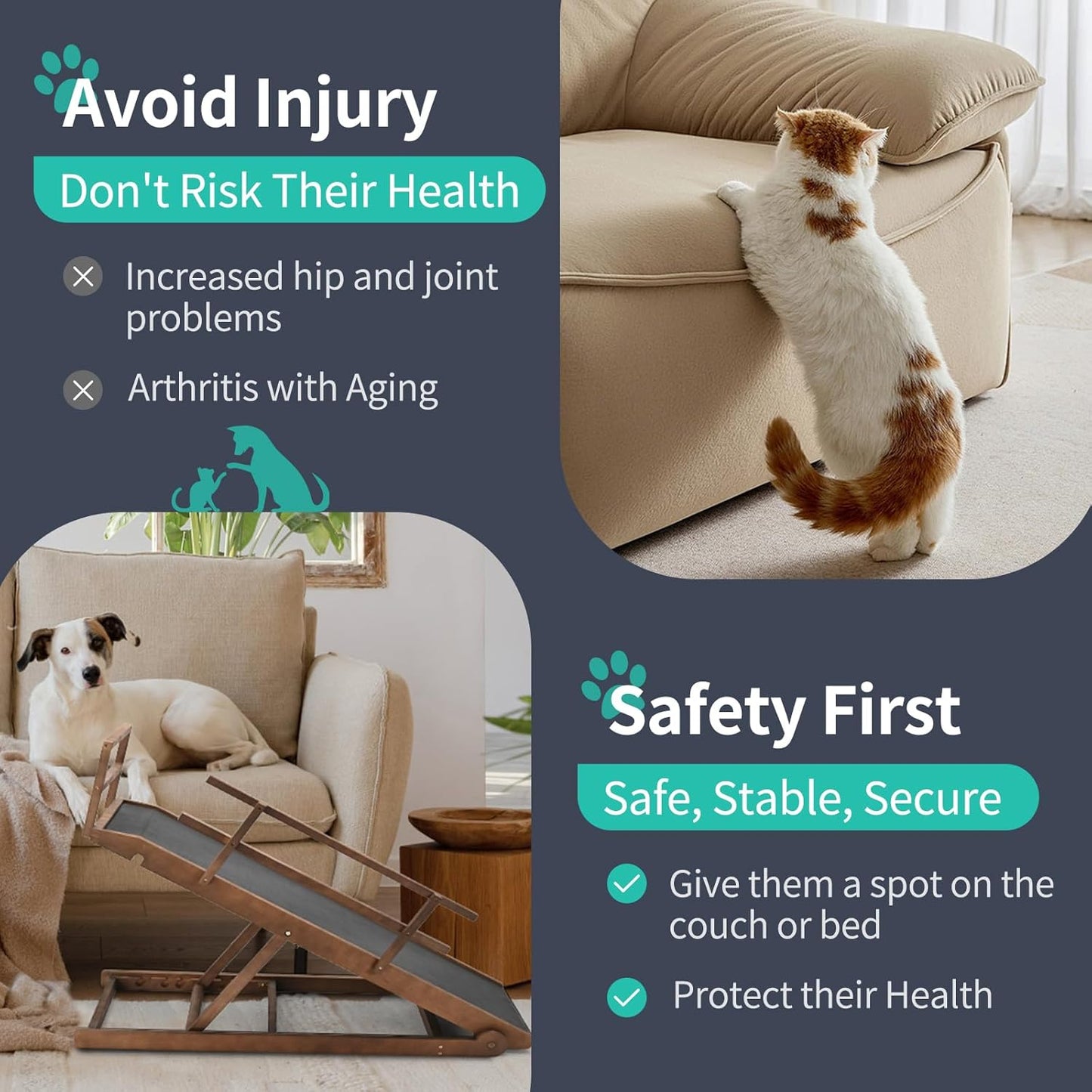 Dog Ramp, 5 Level Adjustable Height Folding Pet Ramp for High Bed, Portable Paw Ramps Large Bed Ramp for Medium & Large Old Dogs & Cats - Natural Wood Furniture Quality