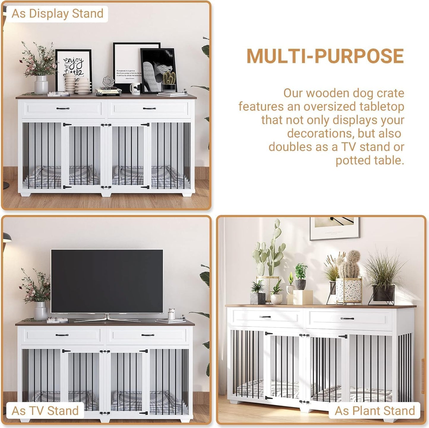 Large Dog Crate with Double Rooms, 72" Heavy Duty Wooden Dog Cage Furniture Dog Crate Kennel with Drawers & Removable Divider,Indoor Luxury Dog House for Large Dogs,White