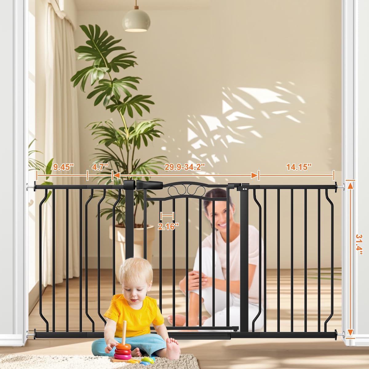 53.1-62.2" Extra Wide Baby Gate for Stairs No Drilling, 30" Tall Auto Close Press Mounted Baby Gate for Doorways, Adjustable Width Walk Through Dog Gates for Doorways, Black