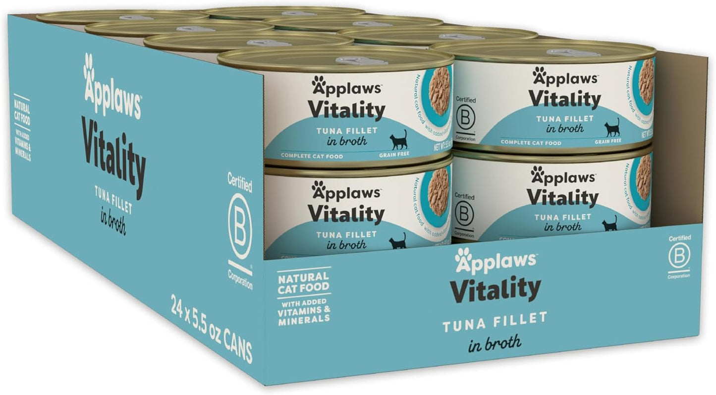 Applaws Vitality Wet Cat Food in Broth, Natural Canned Cat Food, Wet Food for Cats with Added Vitamins and Minerals, Grain Free, Carrageenan Free, Tuna Fillet in Broth (24 Count, 5.5oz Cans)