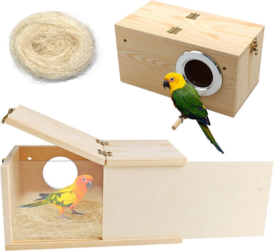 PINVNBY Acrylic Parakeet Nesting Box,Transparent Bird Breeding Box with Detachable Wooden Board Visual Cockatiel House for Budgie Lovebird Conure Parrot (S)