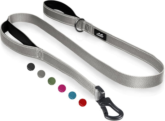 TwoEar 6FT 1IN Strong Gray Dog Leash with 2 Padded Handles, Traffic Handle Extra Control, Comfortable Soft Dual Handle, Auto Lock Hook, Reflective Walking Lead for Small Medium and Large Dogs