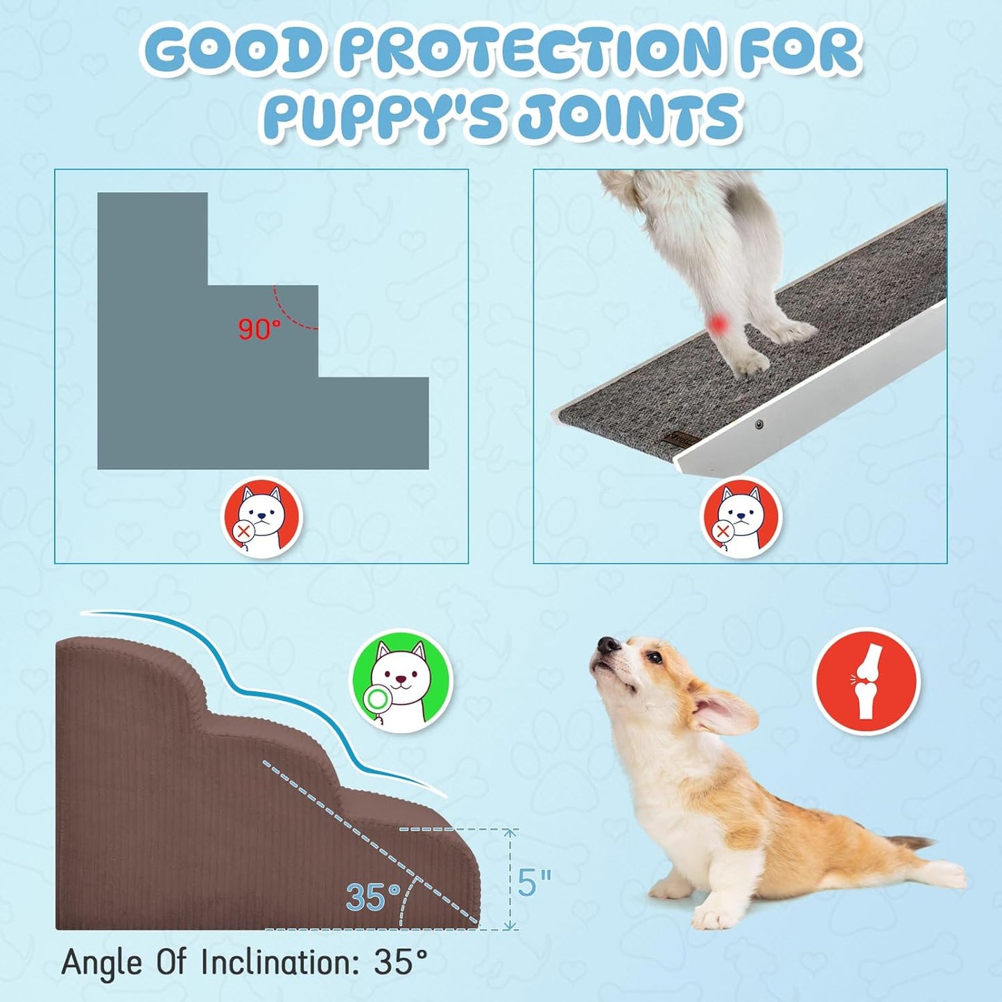 Dog Steps for Small Dogs, 3-Step Pet Ramp Stairs for High Beds and Sofa, Non-Slip Pet Stairs for Small Dogs and Cats, Removable and Easy to Clean Cover, Coffee