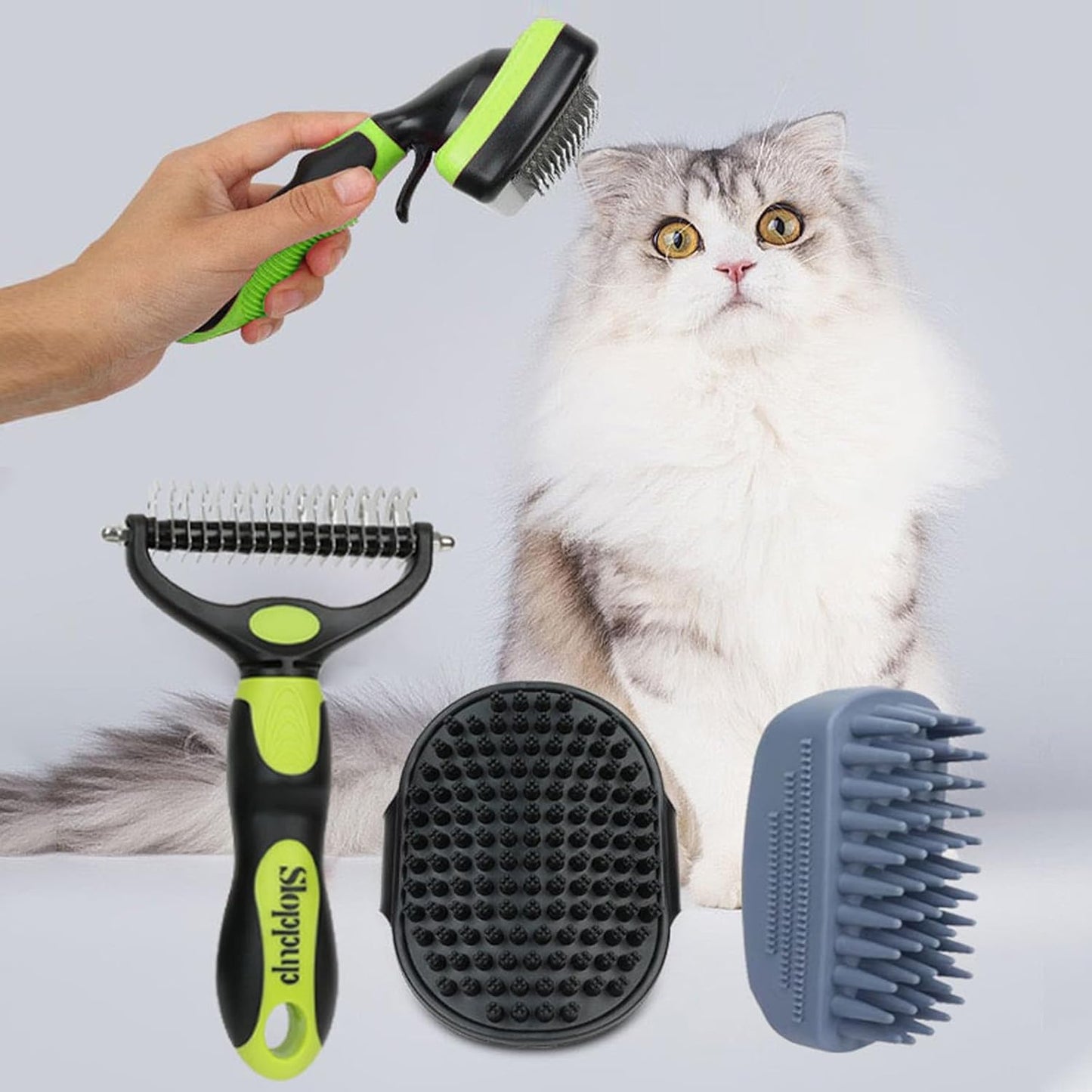 Dog Brush Kit for Grooming Short & Long Haired Dogs & Cats, 4-in-1 Pet Grooming Set with Self-Cleaning Slicker Brush, Deshedding Tool, Shampoo Bath Comb, Massge Comb (Green Black)