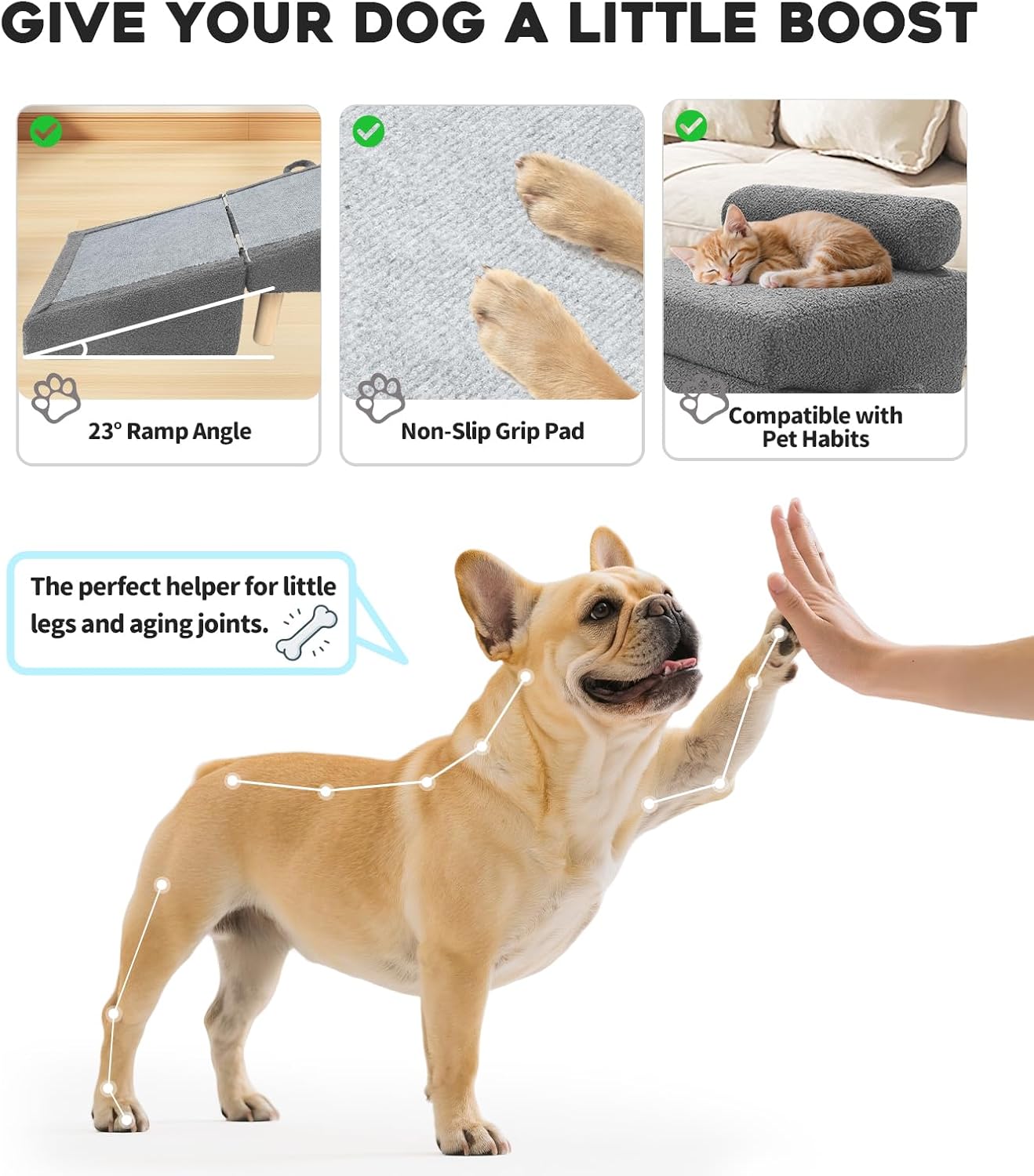 Dog Stairs for Small Dogs and Cats – 2-in-1 Dog Ramp for Bed and Couch, 16.5'' Foldable Wooden Pet Steps, Sturdy Multi-Use Split Ottoman Design, Dark Grey