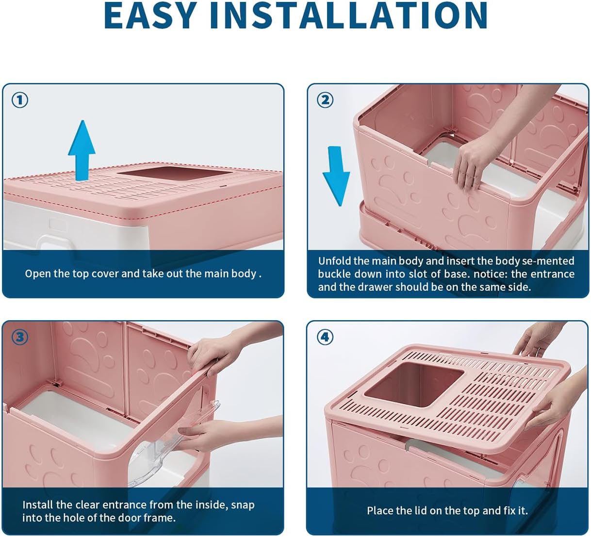 Cat Litter Box with Litter Mat and Scoop, Large Foldable Litter Box with Lid, Front Entry Top Exit Kitty Box, Odor Control, Easy to Clean (Pink)
