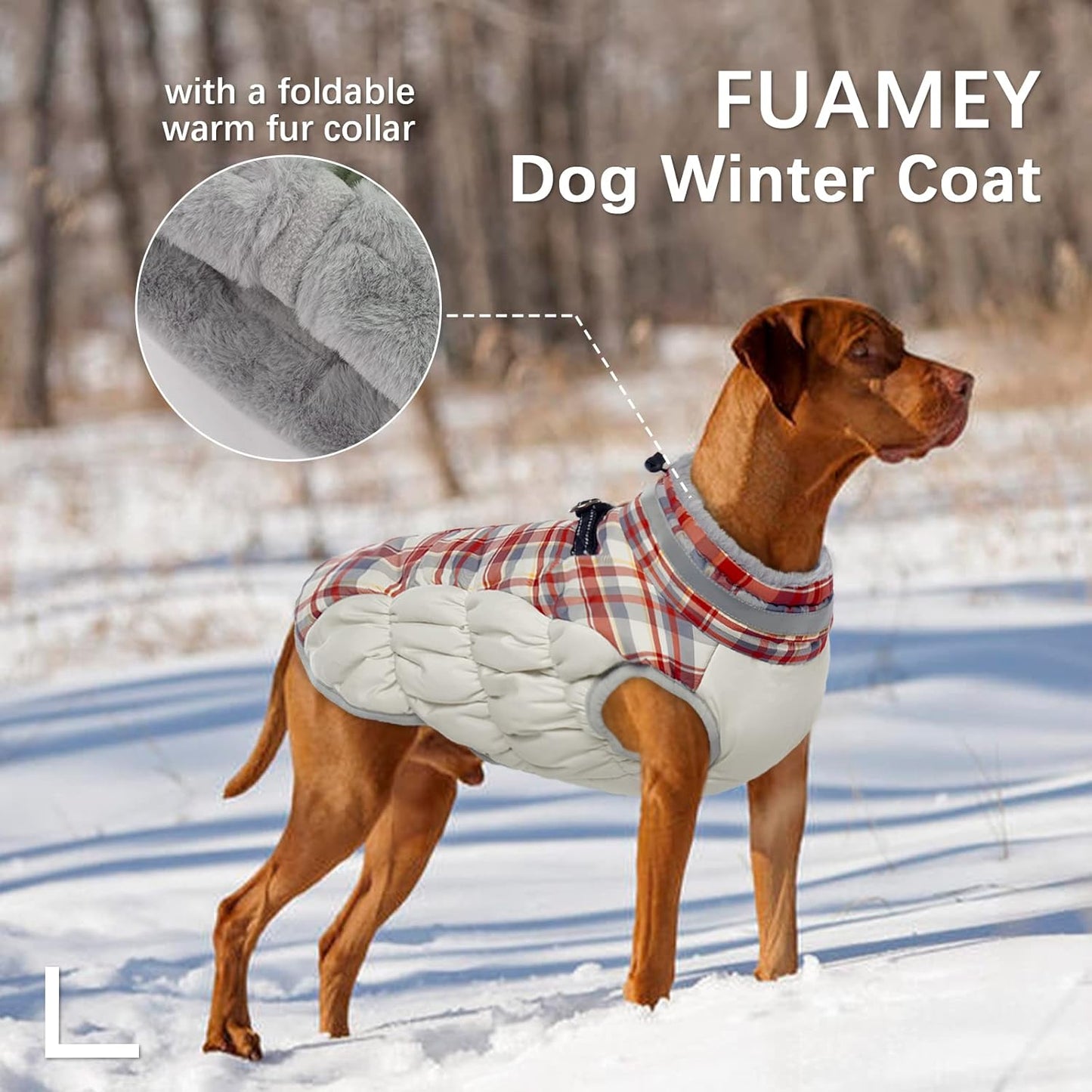 FUAMEY Dog Coat for Large Dogs,Waterproof Dog Winter Jacket with Harness Built in Puppy Cold Weather Coats Reflective Pet Vest with Zipper Warm Fleece Dogs Snowsuit Windproof Red Plaid XXL