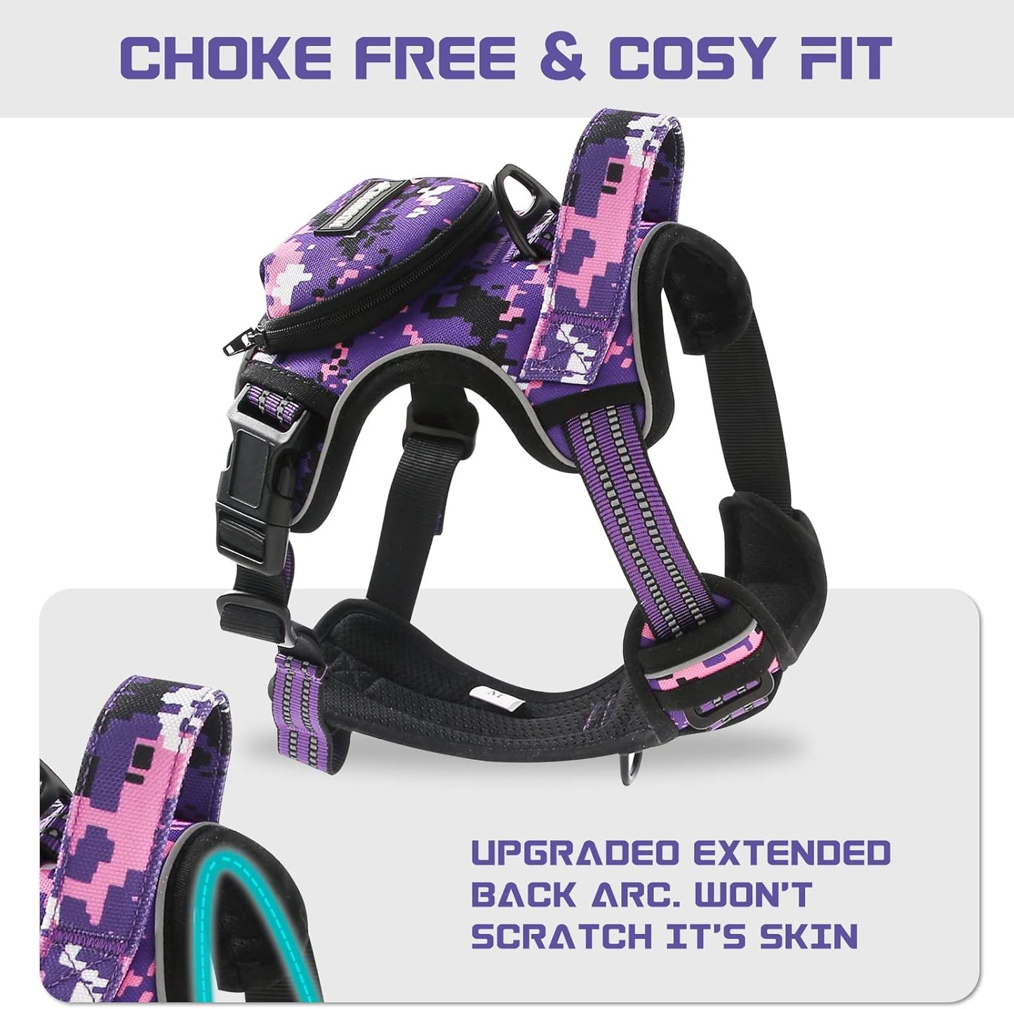 No Pull Dog Harness for Large Dogs, Adjustable No Choke Pet Vest with Dog Leash Fit Smart Reflective Pet Walking Harness for Training Easy Control Soft Handle Purple Camo XL