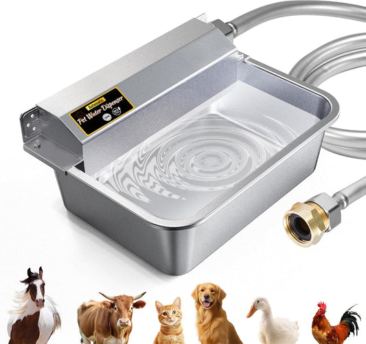 Automatic Water Dispenser for Dogs 2 Gallons, 304 Stainless Steel Dog Water Bowl Dispenser for Farm Chicken Pets Indoor&Outdoor Dog Waterer Feeder Fit 3/4'' GHT Faucet Auto Filling Wide Drinking Area