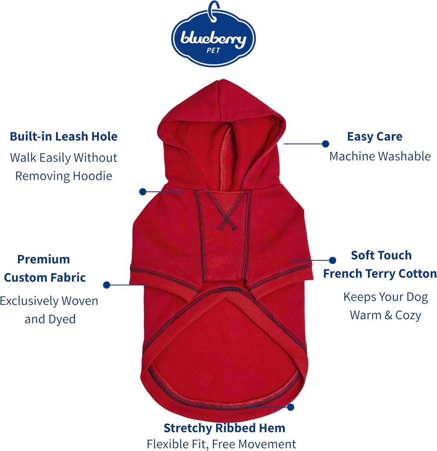 Blueberry Pet Essentials Hoodie – 12″ Soft French Terry Sweatshirt with Hood, Red, Award‑Winning Small‑Dog Jersey