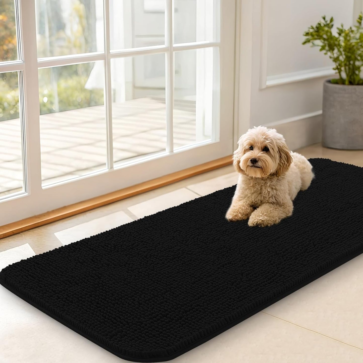 OLANLY Dog Door Mat for Muddy Paws 47x20, Absorbs Moisture and Dirt, Absorbent Non-Slip Washable Doormat, Quick Dry Chenille Mud Mat for Dogs, Entry Indoor Entryway Carpet for Inside Floor, Black