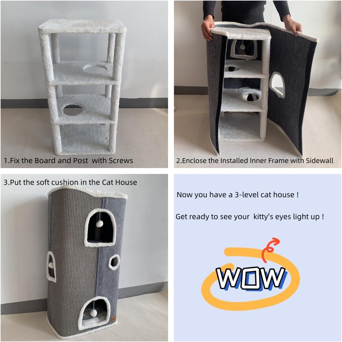 4-Level Cat House for Indoor Cats,Covered Cat Beds and Furniture with Scratch Pad,Hideaway Cave &Cushions,Modern Cat Tower Condo for Multi Small Pet and Large Cats