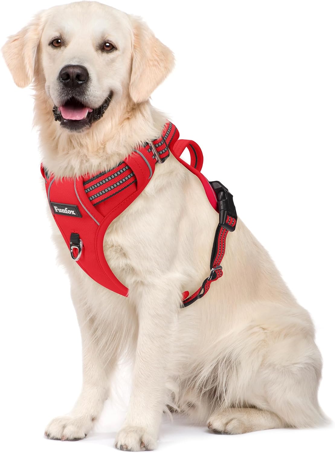 Funfox Dog Harness No Pull, Adjustable Pet Vest Harness, Super Soft Material with Vertical Handle Easy Control, Reflective Night Walking, 2 Leash Clips for Large Dogs, Red, L