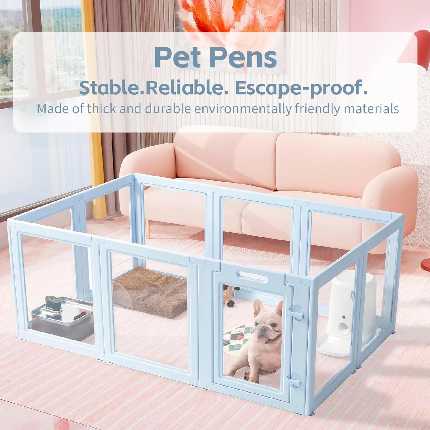 DIY Clear Acrylic Dog Playpen House,Quick Easy Assembly and Disassembly,Strong Floor Suction,Indoor and Outdoor Use,Easy Cleansing Puppy Fence (Sky Blue, 23.6" H, 12PCS)