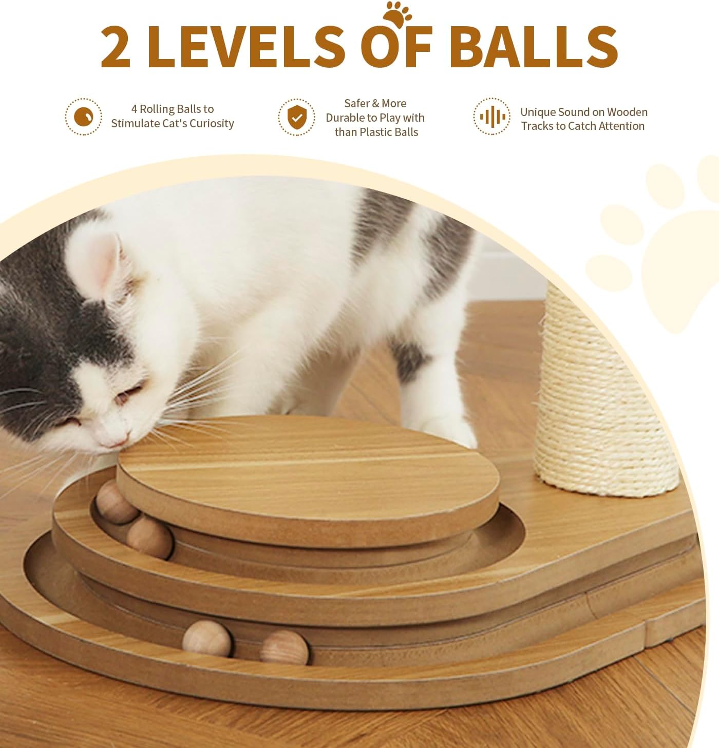 Made4Pets Cat Scratching Post Cat Scratcher Kitten Toys for Indoor Cats Wooden Ball Track Two-Layer Modern Sisal 23.4" Tall Scratch Post Interactive Toy with Dangling Ball Middle Size