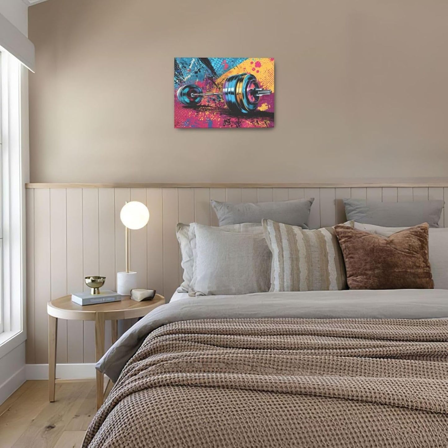 Gym Wall Art Weightlifting Fitness Canvas Wall Decor Barbell Sports Training Pictures Painting Banksy Street Graffiti Print Artwork Framed Decorations Gifts for Sports Lovers Gym Living Room Bedroom 16"x24"