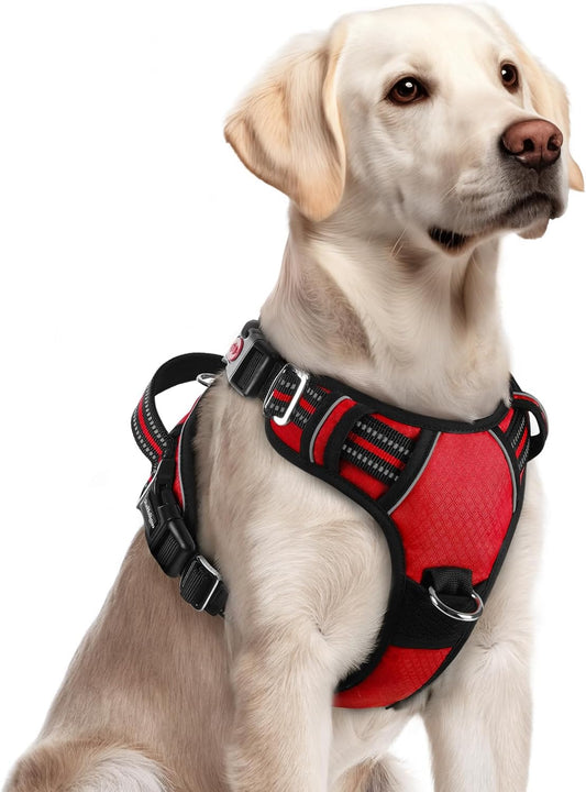 rabbitgoo Dog Harness for Large Dogs, No Pull Pet Vest with 3 Buckles, Adjustable Soft Padded Pet Harness with Easy Control Handle and Reflective Strips, Red, L
