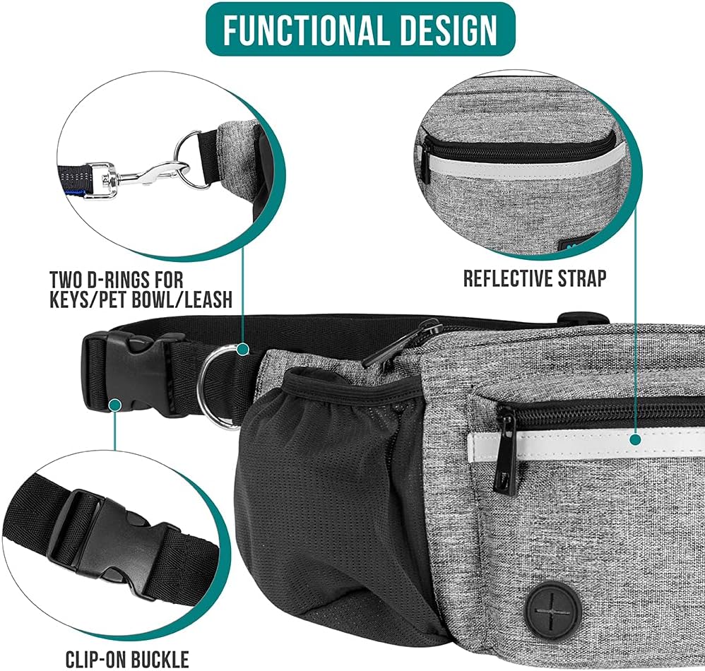 PetAmi Dog Fanny Pack, Treat Pouch for Dog Walking, Training, Built in Poop Bag Dispenser, Water Bottle Holder, Collapsible Bowl, Pet Treat Waist Belt for Hiking, Running, Kibbles (Grey)