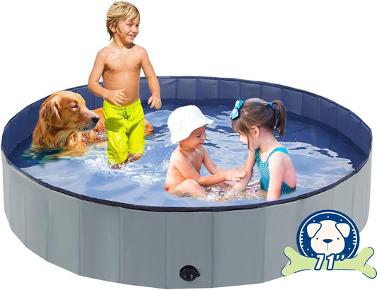 Foldable Dog Bath Swimming Pool 71'' Plastic Kiddie Pool Professional Tub Collapsible Grooming Bathtub for Pets Kids Baby and Toddler, 71 x 12 Inches Gray