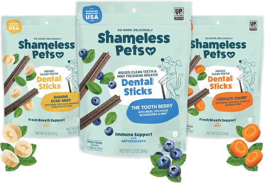 Shameless Pets Dental Treats for Dogs, Variety (3-Pack) - Healthy Sticks for Teeth Cleaning & Fresh Breath - Dog Bones Dental Chews Free from Grain, Corn & Soy