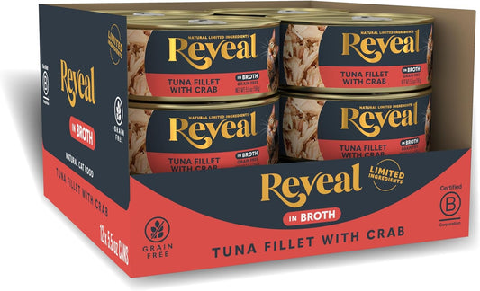 Reveal Natural Wet Cat Food, 12 Count, Grain Free, Limited Ingredient Canned Food for Cats, Tuna Fillet with Crab in Broth, 5.5 oz Cans