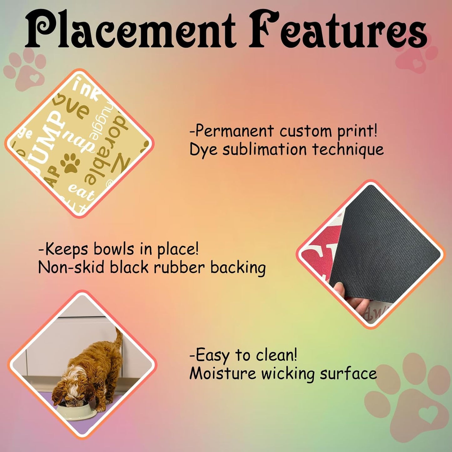 Personalized Dog Cat Feeding Mat Custom Pet Food Mat Waterproof Non-Slip Customized Puppy Name Photo Placemat Dish Rug Floor Protector Gifts for Pets Lover Pattern 6