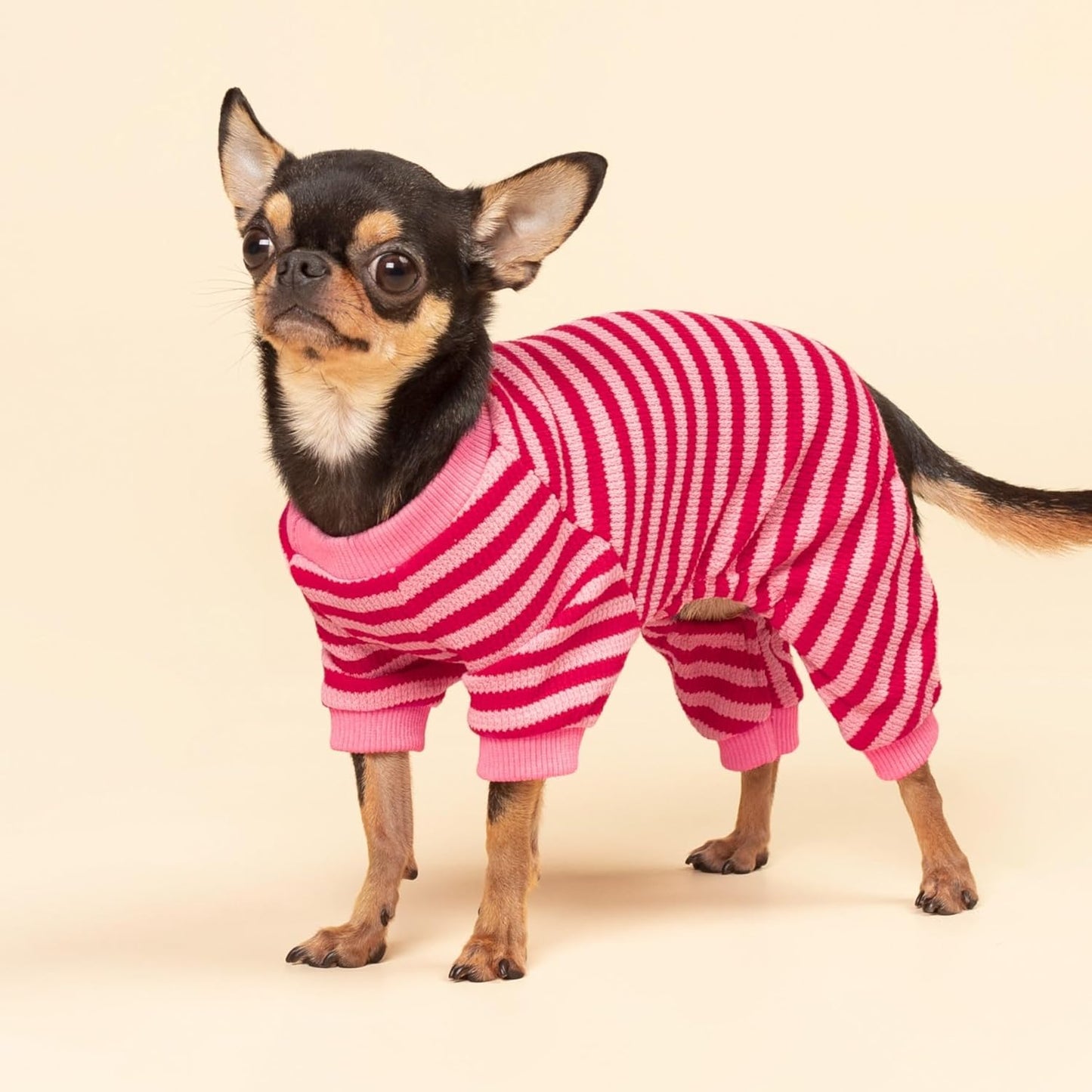 Fitwarm Pink and Red Striped Dog Pajamas, Waffle Dog Clothes for Small Dogs Girl Boy, Puppy Onesie with Feet, Pet Cat Outfit, Small