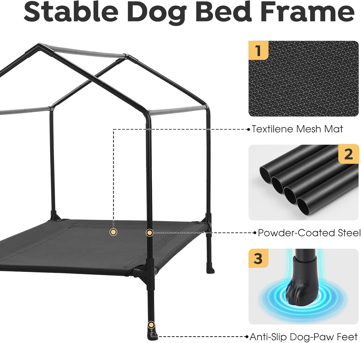 Veehoo 35" Dog House, 2-in-1 Large Dog House Outdoor Indoor Weatherproof, Outside Elevated Dog Cot Bed Dog Tent Shade, Three-Sided Breathable Mesh Windows and Sunshades, CWC2435CP