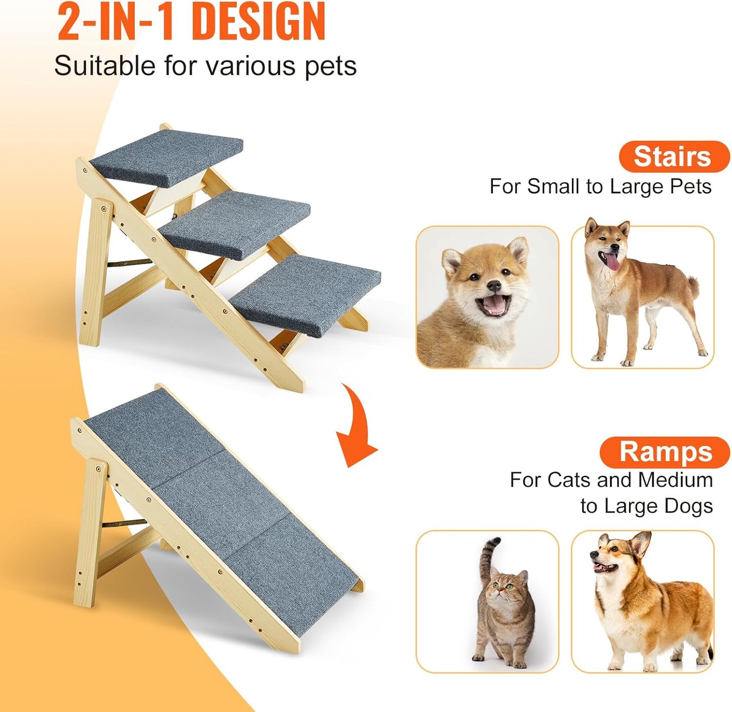 VEVOR Wood Pet Stairs/Pet Steps, 2-in-1 Foldable Wooden Dog Stair for Beds, Sofa and Cars, Dog Stairs & Ramp with 3 Steps for Small Medium Large Pet, up to 150 lbs