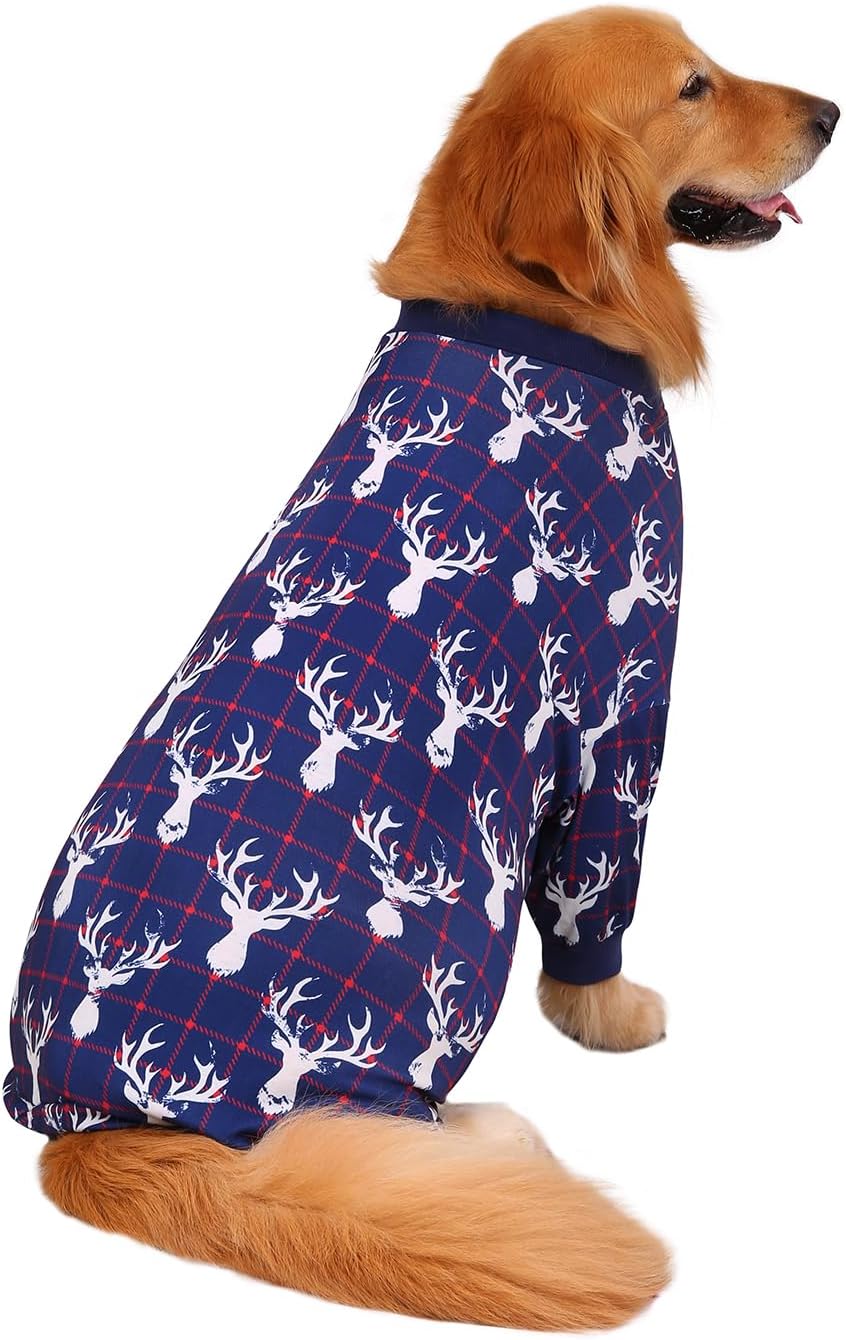 HDE Dog Pajamas One Piece Jammies Jumpsuit Pet Clothes Outfit Stretchy Lightweight Comfy Shirt Pjs for M-3XL Dogs Reindeer - L