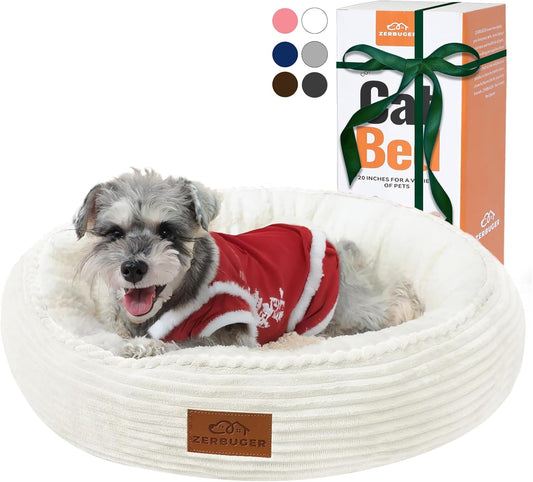 23in Cream Round Cat Dog Bed Gift for Large Medium Small Dogs Cats, Machine Washable Sleeping Sofa, Non-Slip Bottom Breathable Soft Calming Pet Cuddler for Indoor/Outdoor/Car/Cage