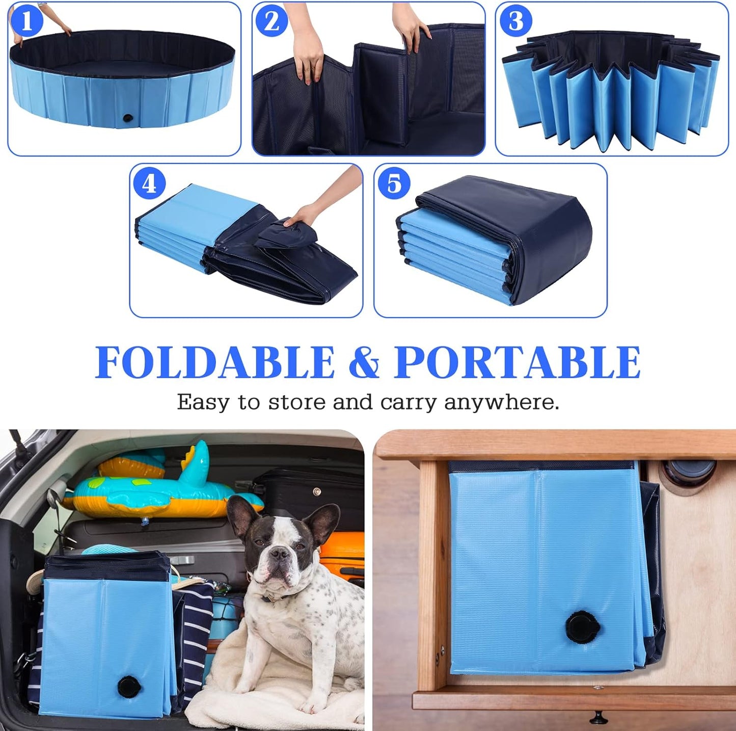 Foldable Dog Bath Swimming Pool Plastic Kiddie Pool Professional Tub Collapsible Grooming Bathtub for Pets Kids Baby and Toddler, 32 x 8 Inches Blue