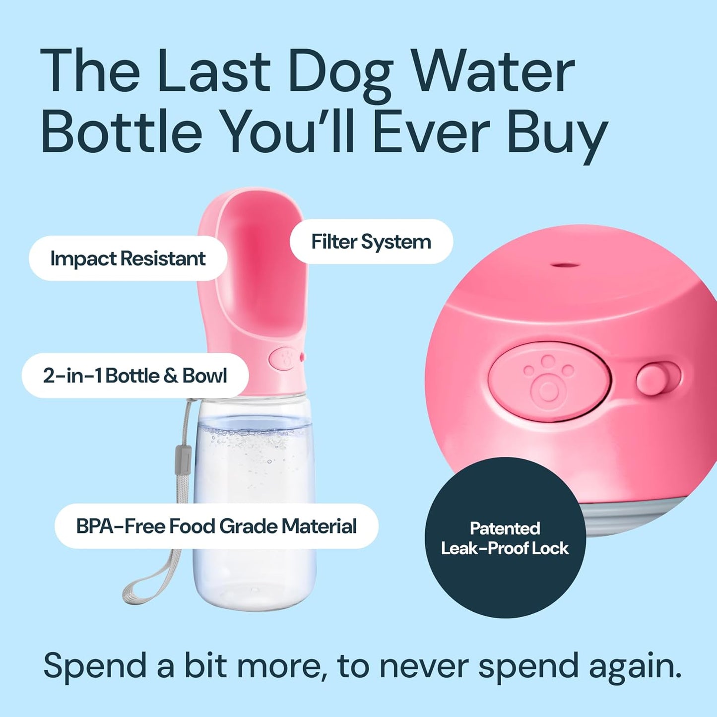 MalsiPree Dog Water Bowl Dispenser - 12 Oz, Pink - Portable Dog Water Bottle & Travel Pet Bowl - Leak Proof