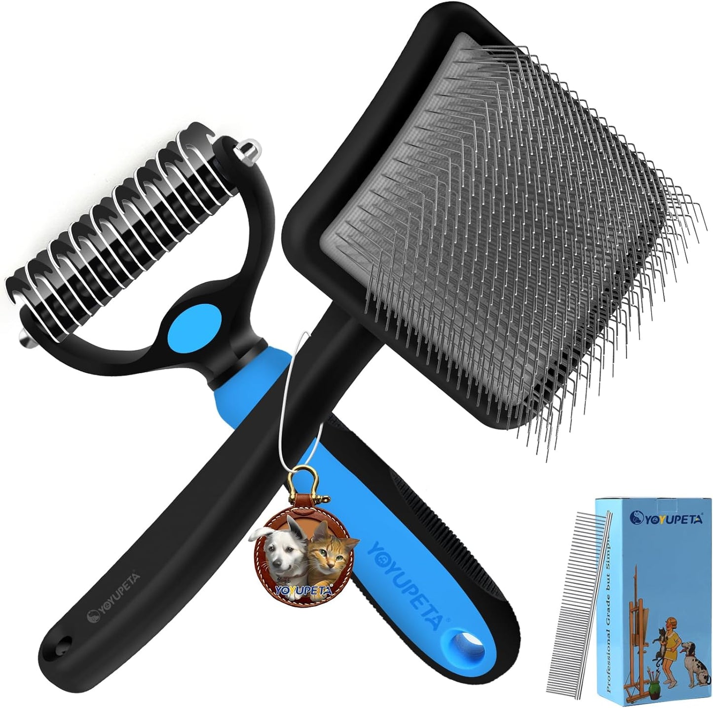 Large Slicker Brush for Dogs - 3PC Pet Grooming Kit - Undercoat Rake & Stainless Comb | Long Pins Remove Mats on Poodles, Golden, Labradoodles | Thick Coat Deshedder for Dogs, Cats, Black
