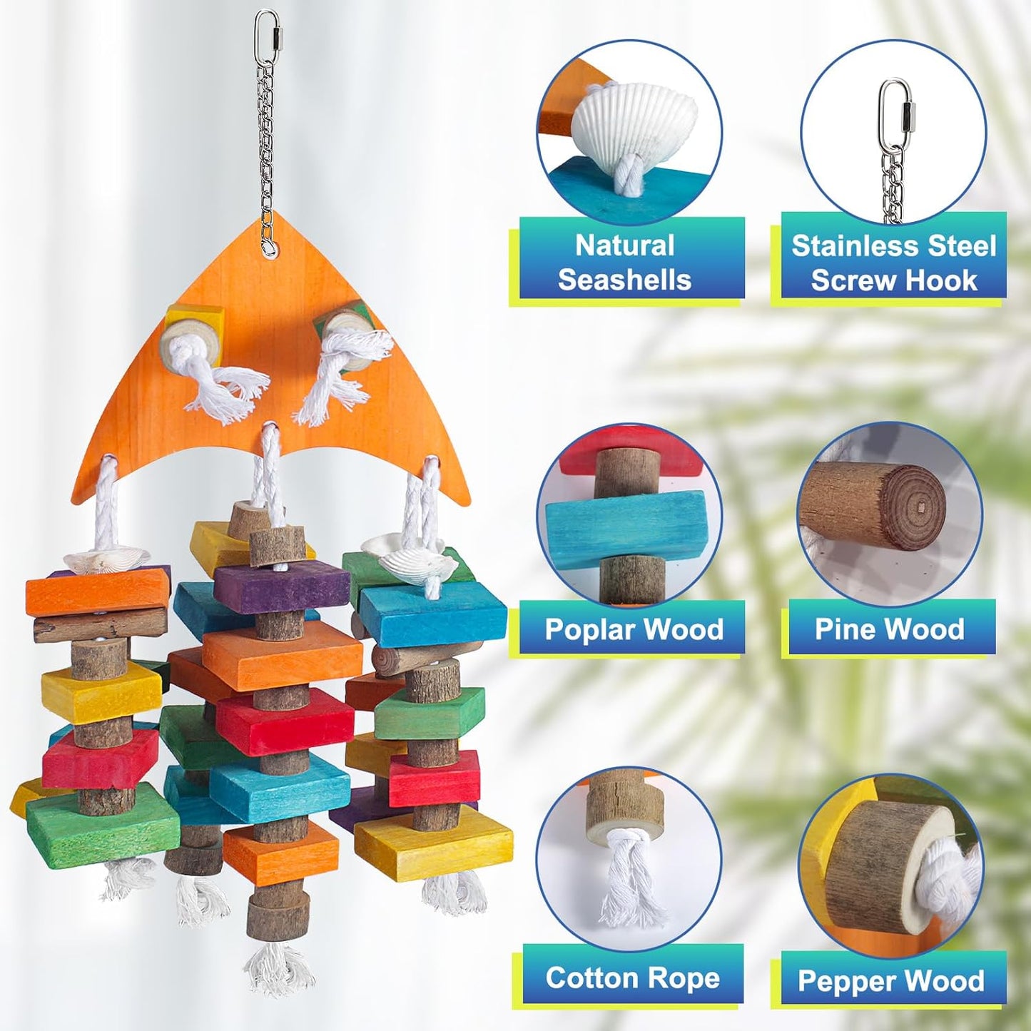 22.8" Natural Shell Parrot Toy for Medium & Large Birds (Sichuan Pepper Wood/Pine Wood/Poplar) with Stainless Steel Hook | Macaw Toys, African Grey Chew Toys