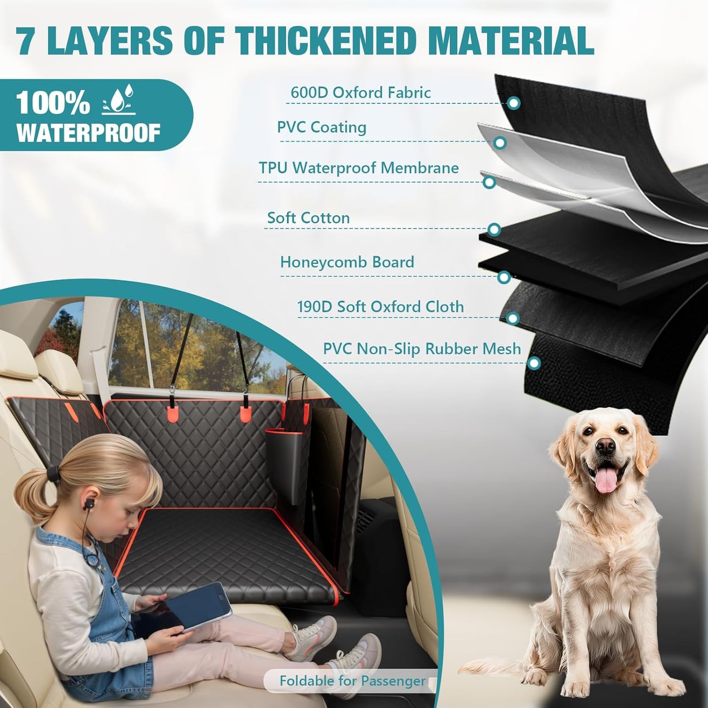 Waterproof Dog Car Seat Cover for Back Seat – Heavy Duty Back Seat Extender for Dogs with Hard Bottom, 7-Layer Protection, Non-Slip & Scratchproof, Easy to Install (Red)