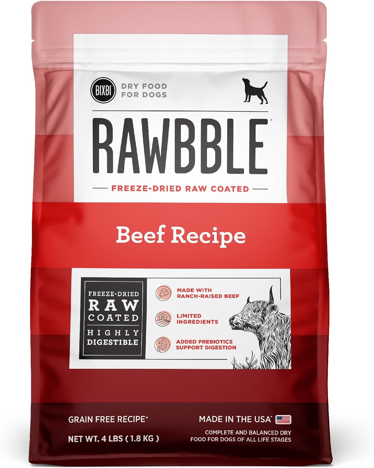 BIXBI Rawbble Dry Dog Food, Beef, 4 lbs - USA Made with No Meat Meals or Fillers - Freeze Dried Raw Coated Dog Food - Industry Leading Digestibility