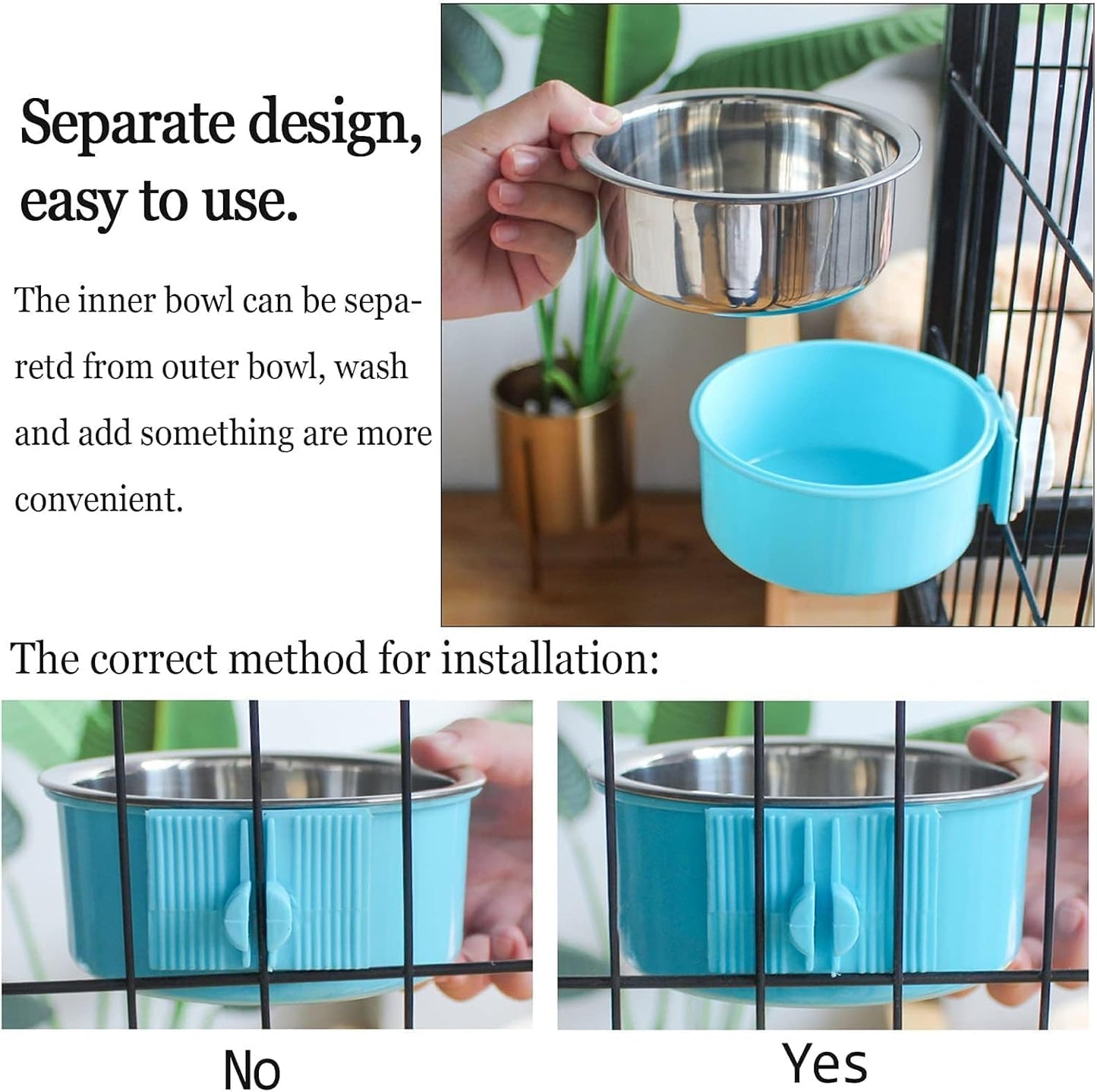 kathson Crate Dog Bowl, Removable Stainless Steel Hanging Pet Cage Bowl Food & Water Feeder Coop Cup for Cat, Puppy, Birds, Rats, Guinea Pigs 6pcs Large(2×Blue,2×Green,2×Pink)