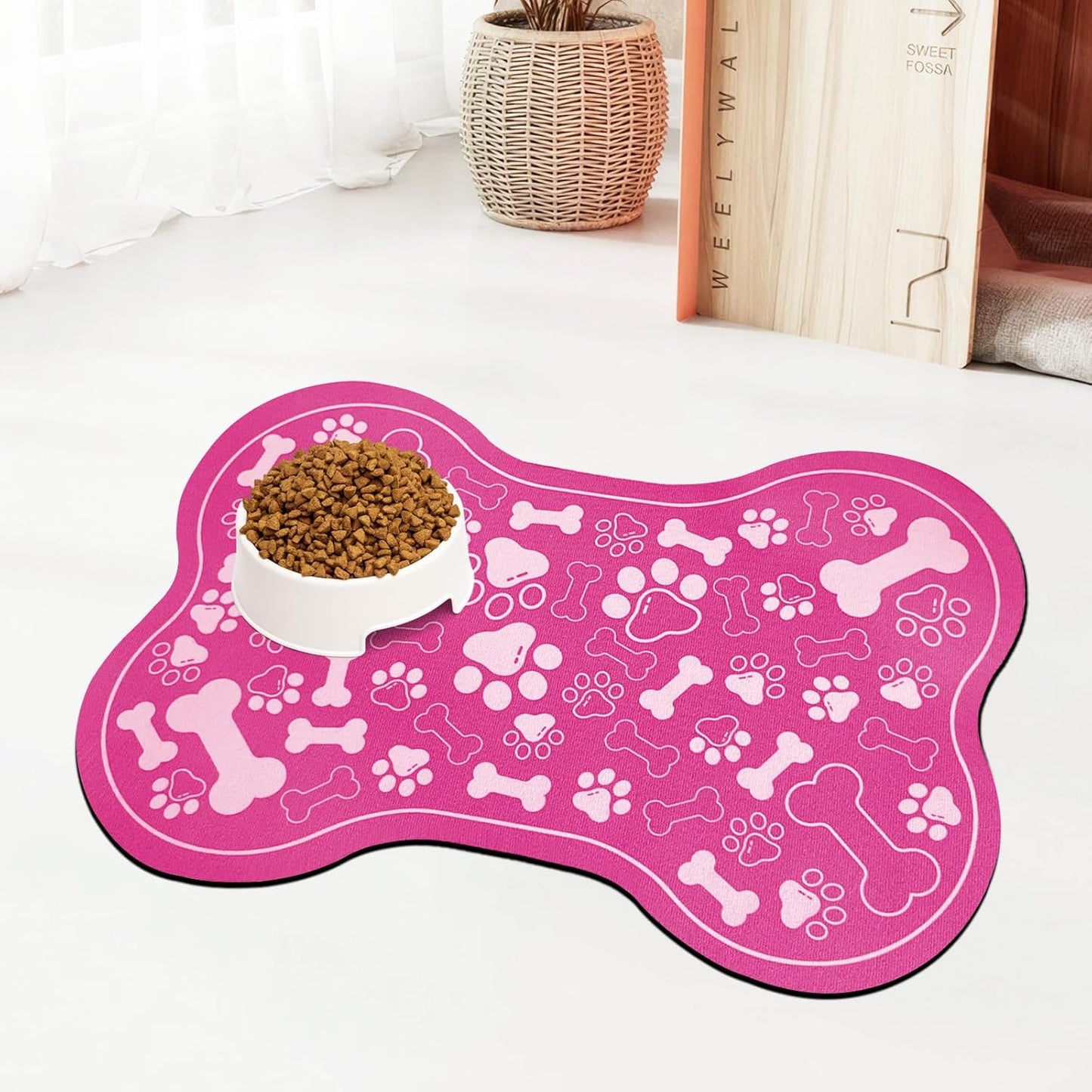 Dog & Cat Food Mat Bone Shaped Pet Feeding Mat Quick Absorb Water Bowl Placemat with Rubber Backing Indoor Floor Stain Resistant Pet Accessory Supplies (Pink, 16x24 Inches)