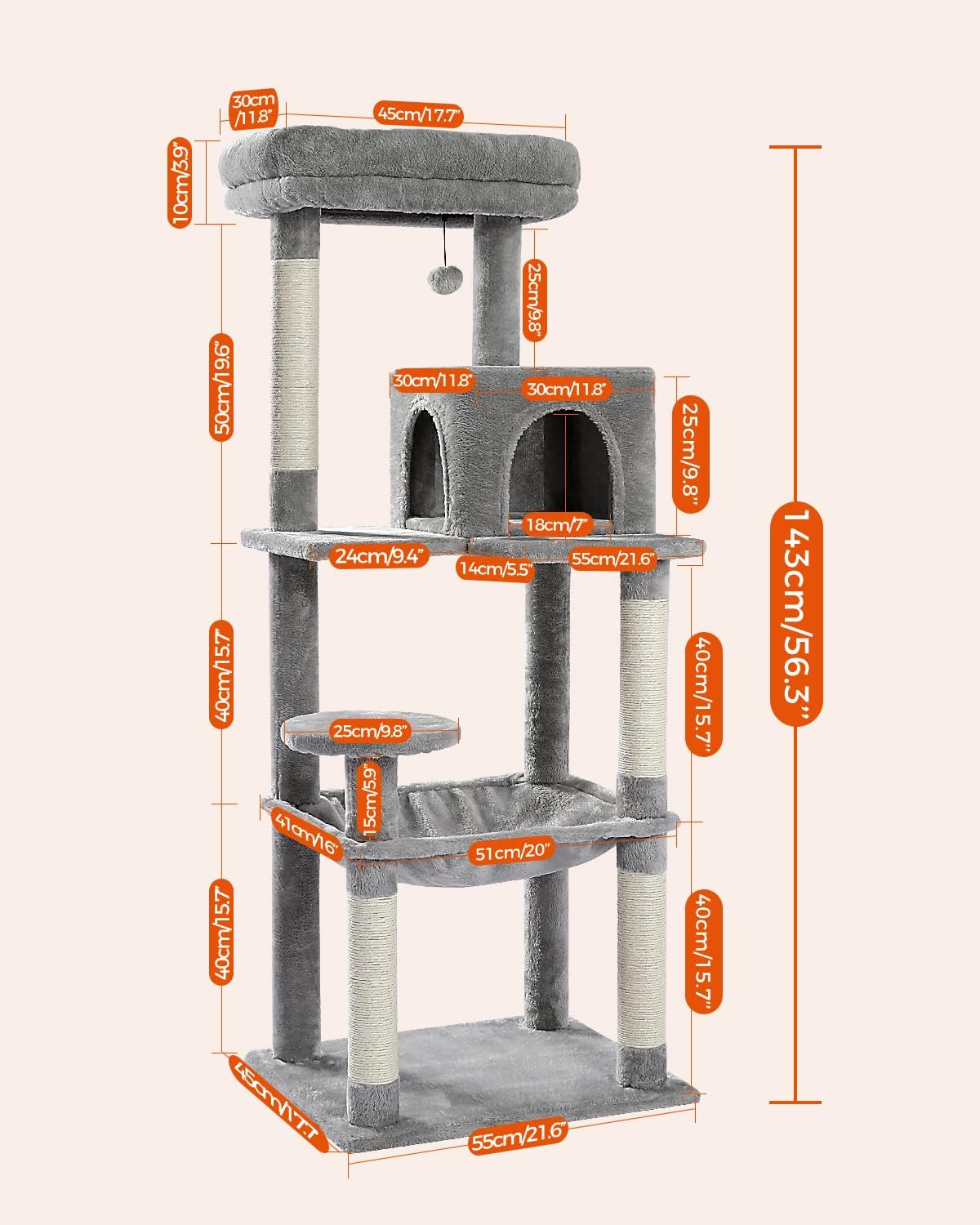 PETEPELA 56.3'' Tall Cat Tree for Indoor Cats, Multi-Level Cat Tower with Super Large Hammock (20''X16''), Sisal Covered Scratching Posts, Cozy Condo and Top Perch Grey