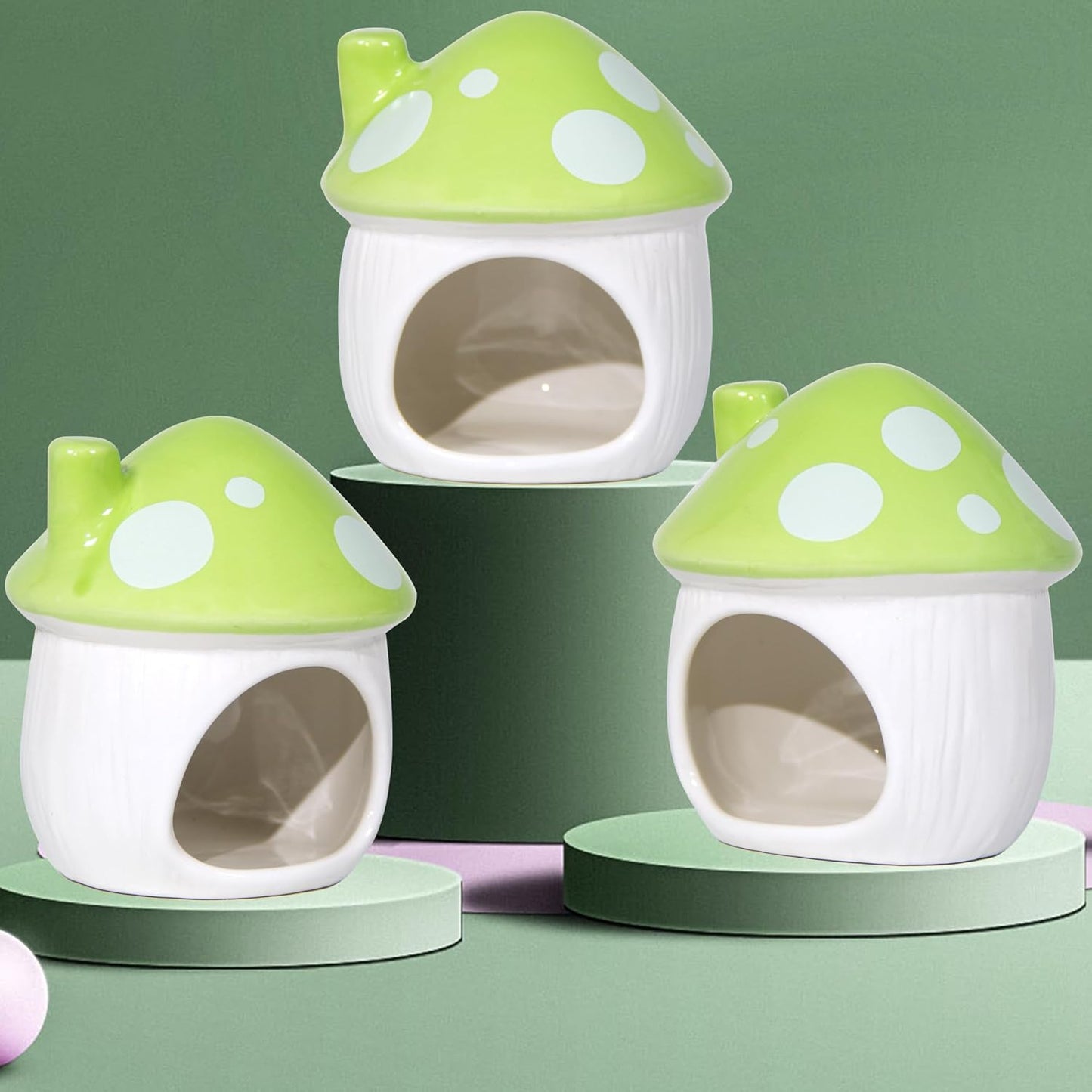 Ceramic Mushroom Hamster Hideout - Hamster Habitat for Hamsters Chinchillas Hedgehogs and Gerbils Mouse Small Pet Guinea Pigs House Hamster Bed (Green)