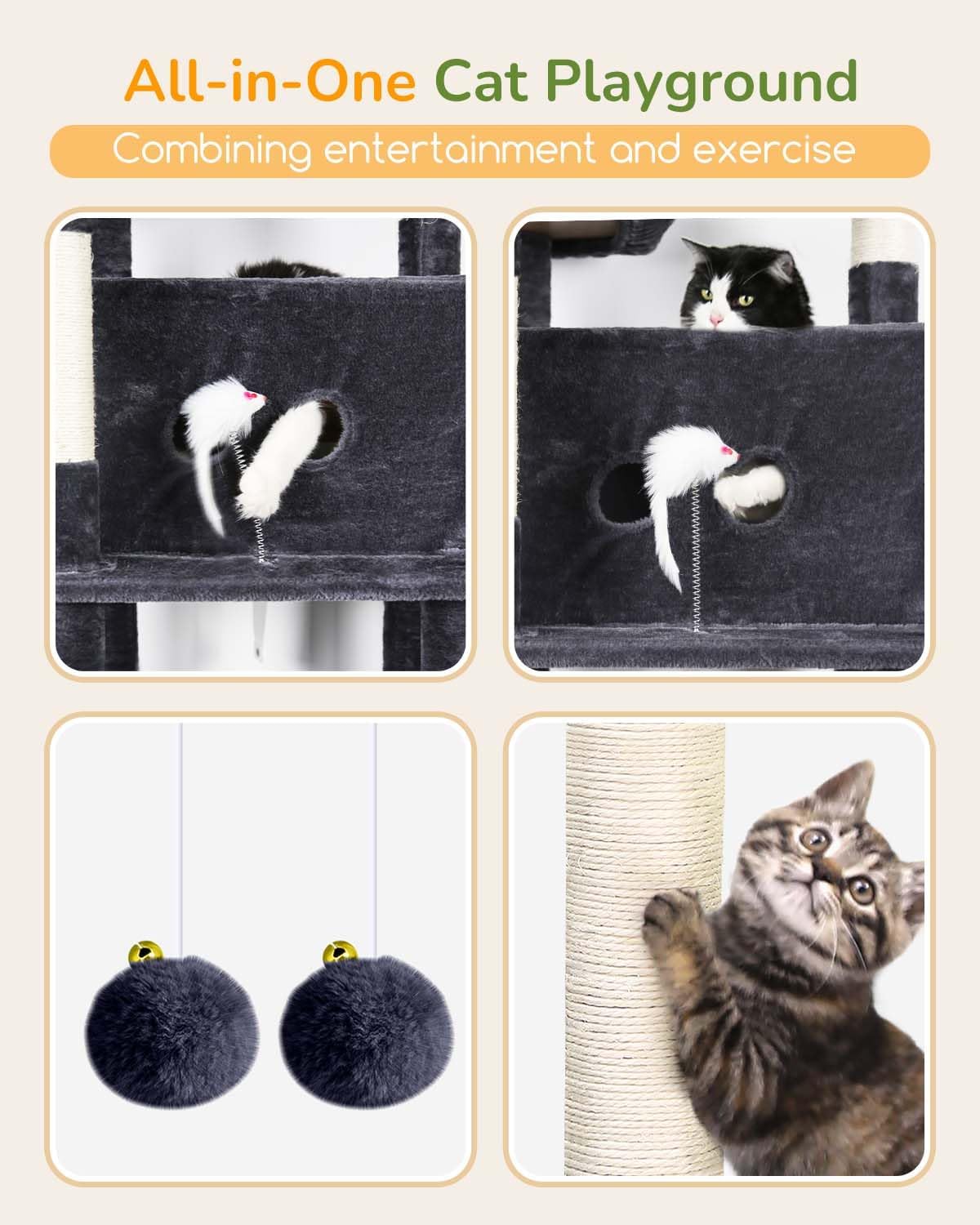 Globlazer Large Cat Tree Tower Condo, 80in Tall Cat Tree for Multiple Indoor Cats Large Adult, XXL Big Cat Climbing Tower with Cat Caves, Sisal Scratching Posts, Top Perches, Hammock, S80B, Dark Gray