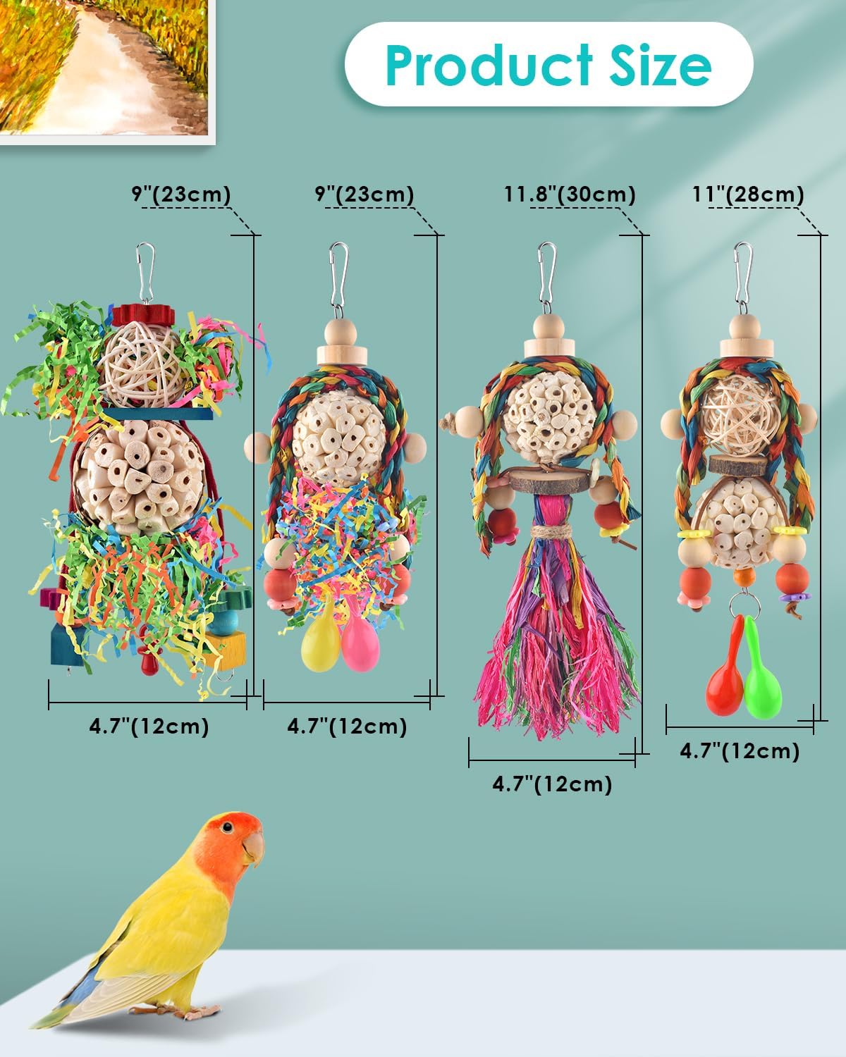 Bissap Conure Toys, 4 PCS Bird Parrot Foraging Shredder Hanging Toys Sola Balls with Sand Hammer for Small Parrots Parakeets Conures Cockatiels Love Birds Cage Toy