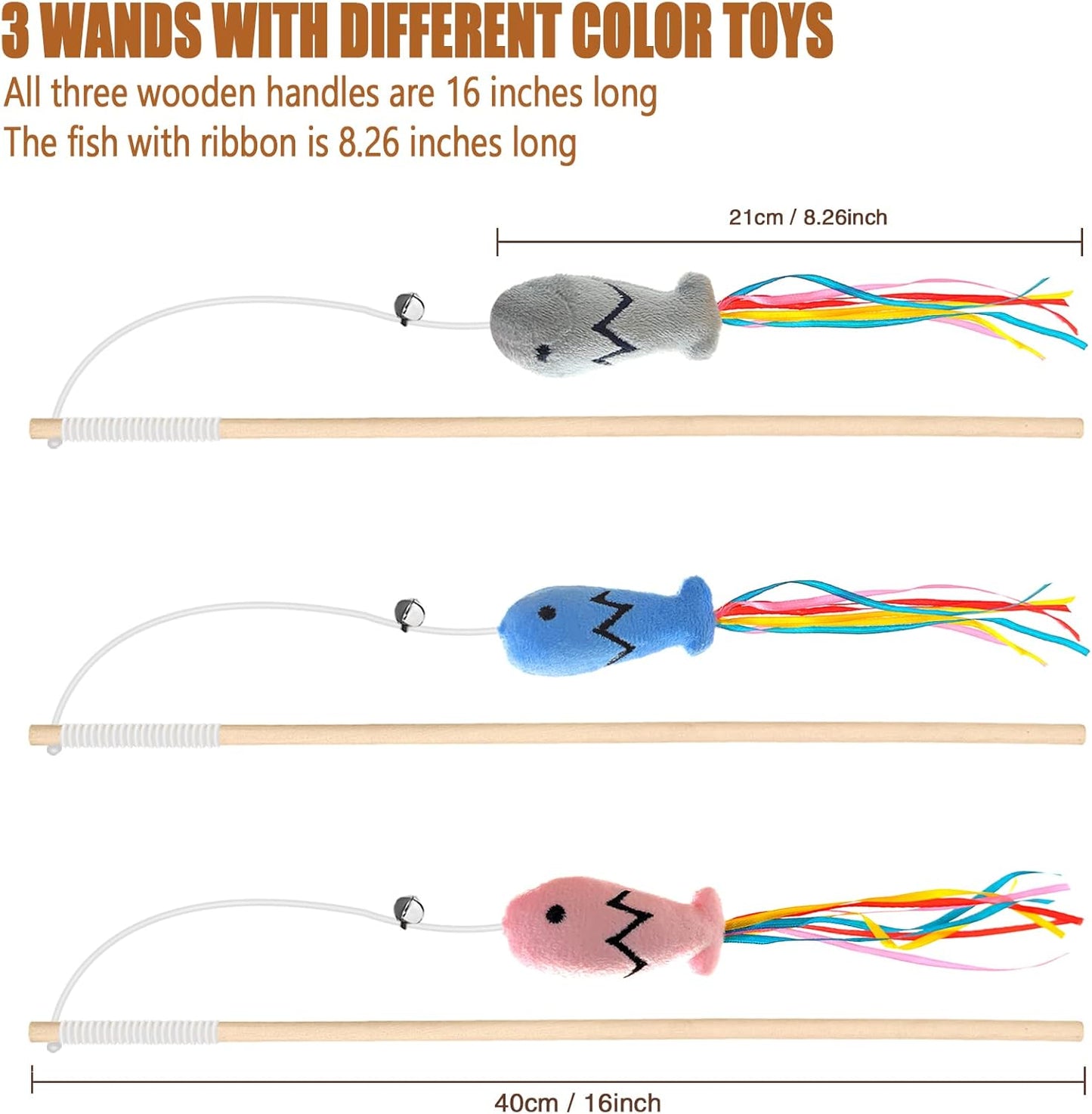 Natural Wood Cat Wand Toy with Ribbon Fish Teaser - 3pcs, 16 Inch, Indoor Cat Exerciser & Playing Kitten Toy, Bonus 5pcs Catnip Sticks for Teeth Cleaning