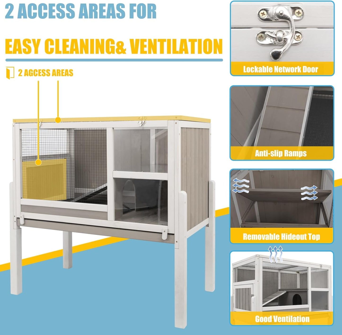 Guinea Pig Cages Indoor, Wooden Guinea Pig Cages with Stand, Rabbit Cage Hutch with Ramp and Hideout, Small Animals Cage Habitat with Not Leakage Pull Out Tray
